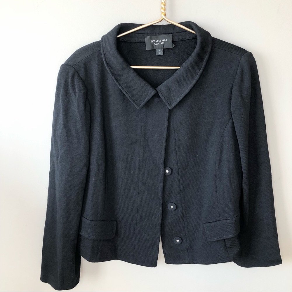 ST JOHN CAVIAR Black Santana Knit Boxy Short Blazer size 16 - Picture 2 of 11